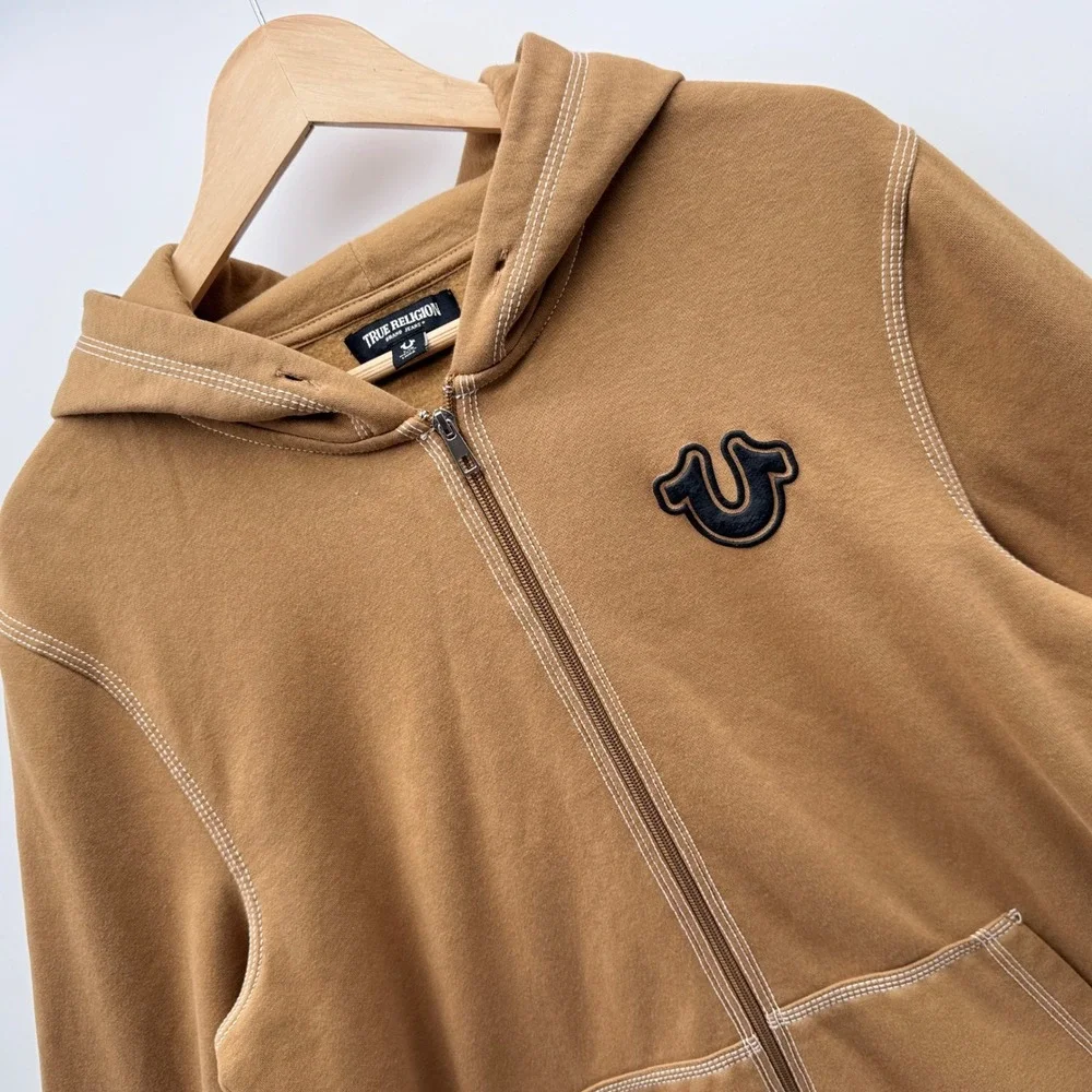 True Religion Zip Up Hoodie Mens Large Brown Buddha Graphic Contrast Stitching